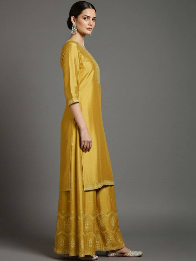 Women Ethnic Motifs Embroidered Regular Thread Work Silk Crepe Kurta with Palazzos & With Dupatta