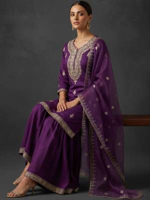 Women Ethnic Motifs Embroidered Regular Thread Work Kurta with Sharara & With Dupatta 1