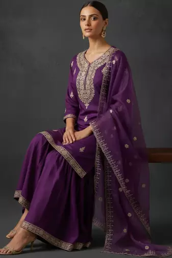 Women Ethnic Motifs Embroidered Regular Thread Work Kurta with Sharara & With Dupatta