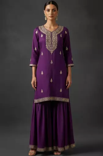 Women Ethnic Motifs Embroidered Regular Thread Work Kurta with Sharara & With Dupatta