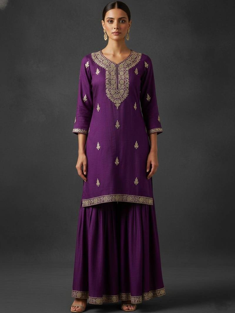 Women Ethnic Motifs Embroidered Regular Thread Work Kurta with Sharara & With Dupatta