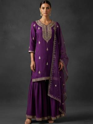 Women Ethnic Motifs Embroidered Regular Thread Work Kurta with Sharara & With Dupatta 6