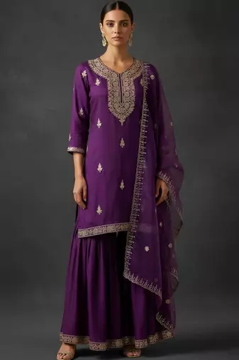 Women Ethnic Motifs Embroidered Regular Thread Work Kurta with Sharara & With Dupatta