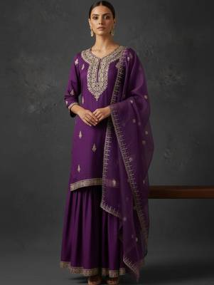 Women Ethnic Motifs Embroidered Regular Thread Work Kurta with Sharara & With Dupatta 7