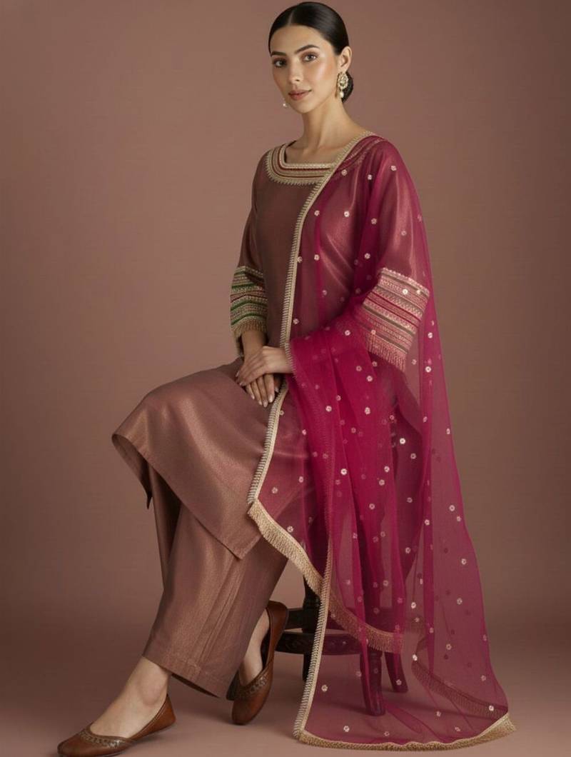 Women Regular Thread Work Kurta with Palazzos & With Dupatta