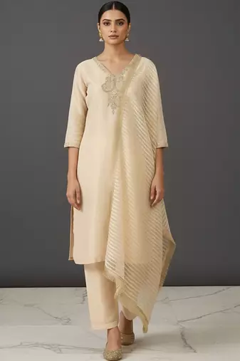 Women Regular Thread Work Kurta with Trousers & With Dupatta