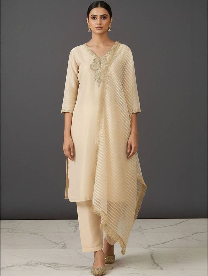 Women Regular Thread Work Kurta with Trousers & With Dupatta