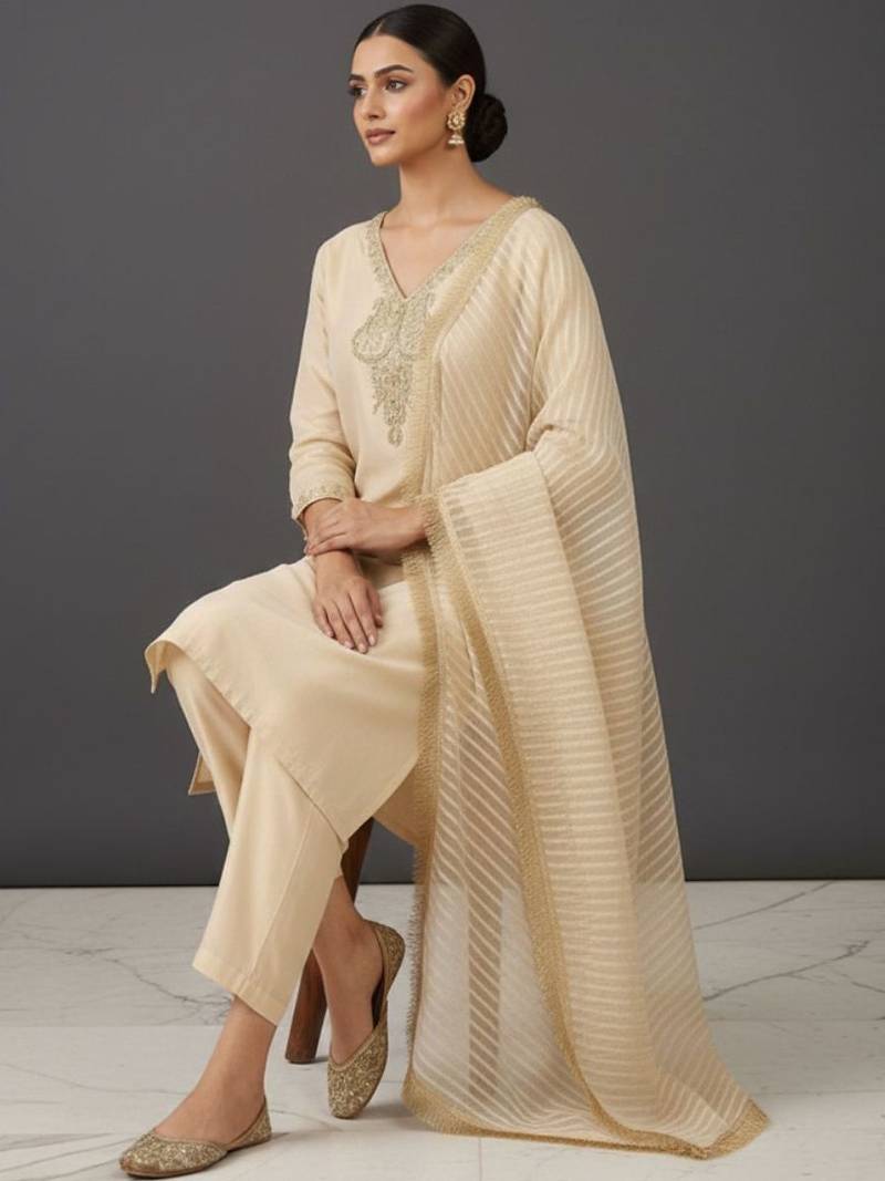 Women Regular Thread Work Kurta with Trousers & With Dupatta