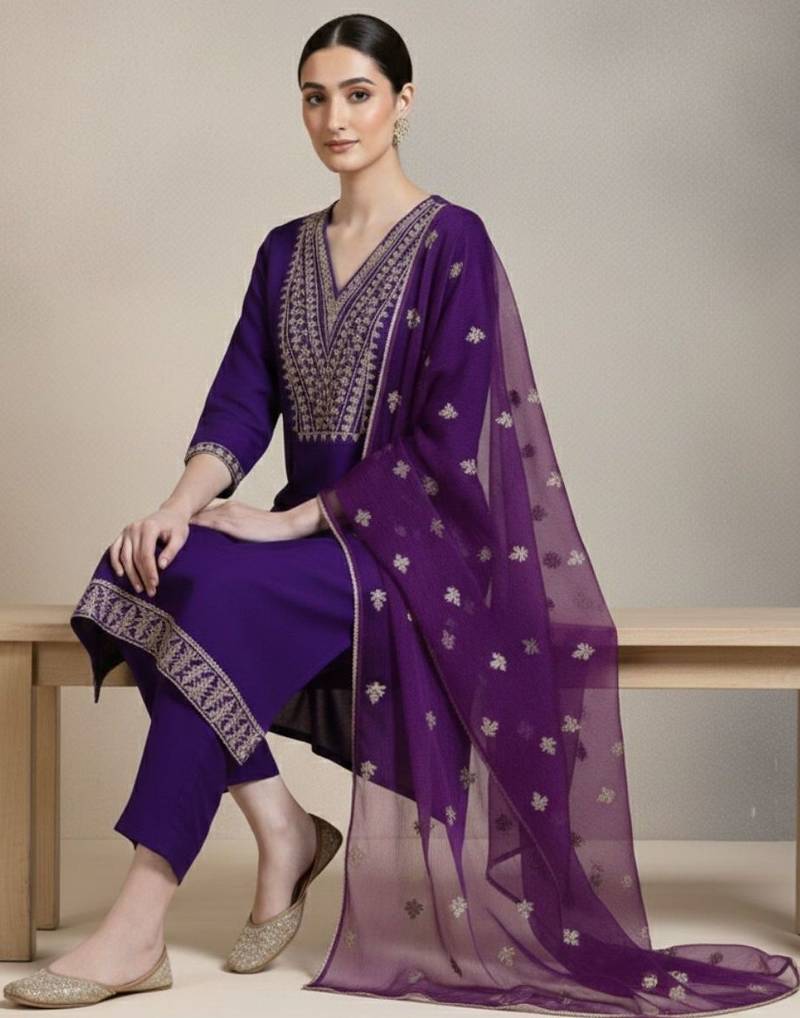 Women Ethnic Motifs Embroidered Regular Thread Work Kurta with Trousers & With Dupatta