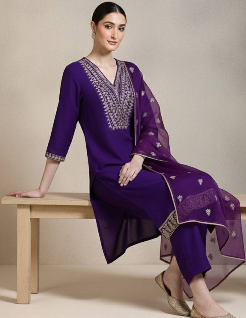 Women Ethnic Motifs Embroidered Regular Thread Work Kurta with Trousers & With Dupatta