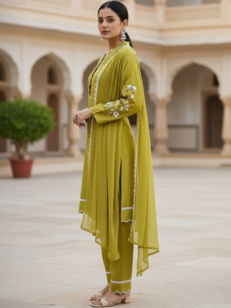 Women Floral Embroidered Regular Thread Work Kurta with Trousers & With Dupatta
