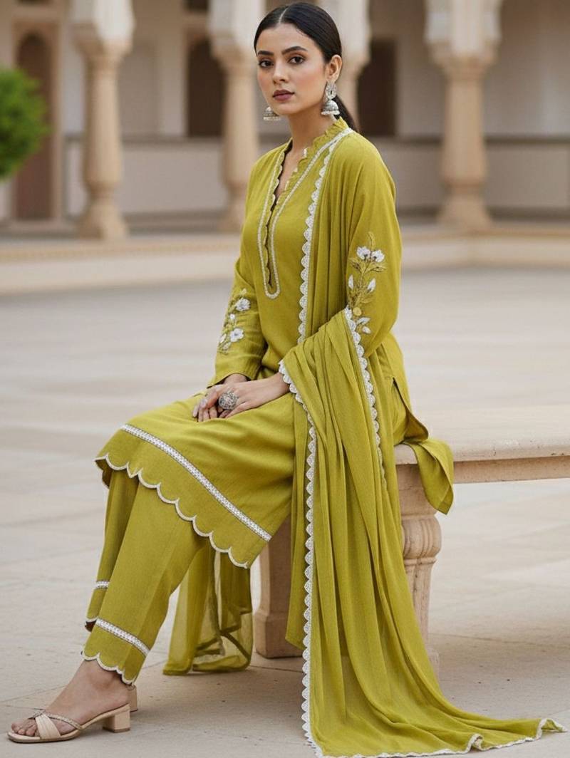 Women Floral Embroidered Regular Thread Work Kurta with Trousers & With Dupatta