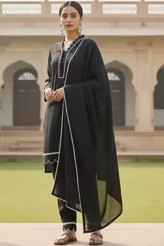Women Regular Thread Work Kurta with Trousers & With Dupatta