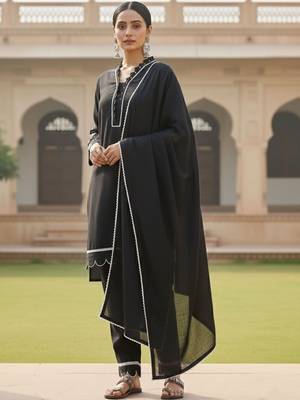 Women Regular Thread Work Kurta with Trousers & With Dupatta 3