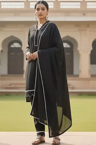 Women Regular Thread Work Kurta with Trousers & With Dupatta