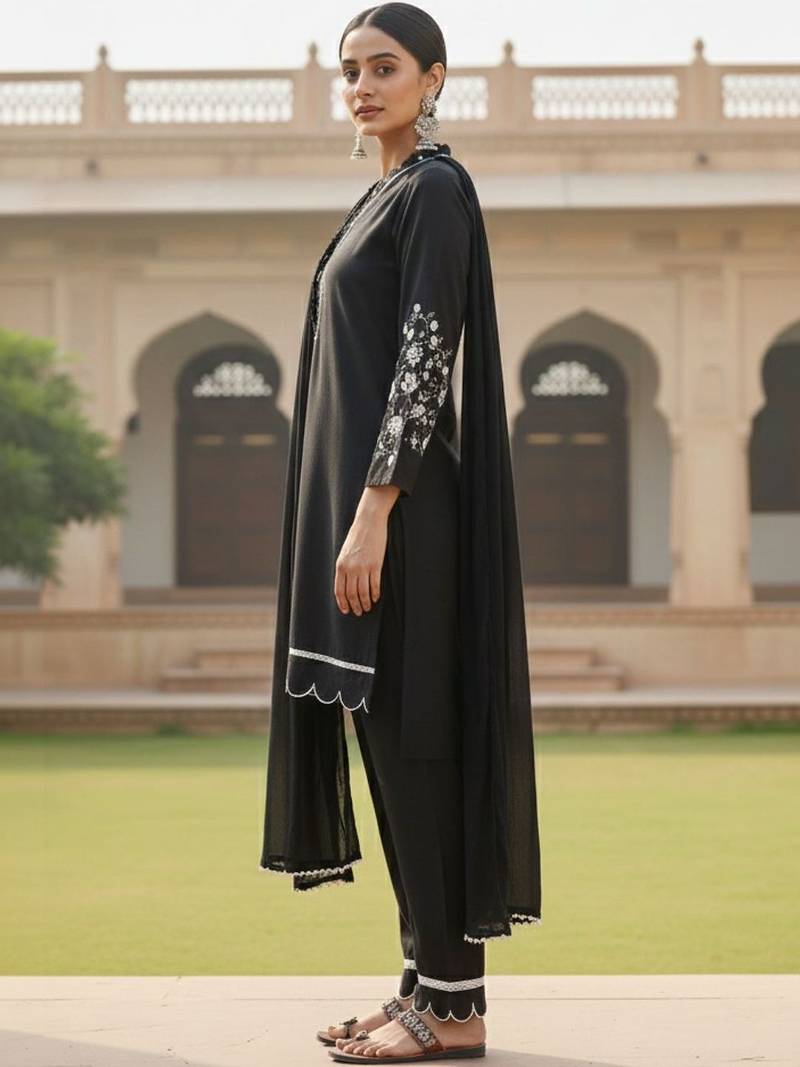 Women Regular Thread Work Kurta with Trousers & With Dupatta