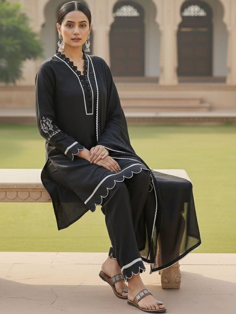 Women Regular Thread Work Kurta with Trousers & With Dupatta