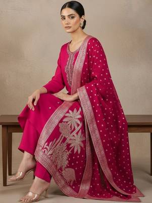 Women Ethnic Motifs Embroidered Regular Thread Work Kurta with Trousers & With Dupatta 4