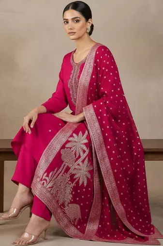 Women Ethnic Motifs Embroidered Regular Thread Work Kurta with Trousers & With Dupatta