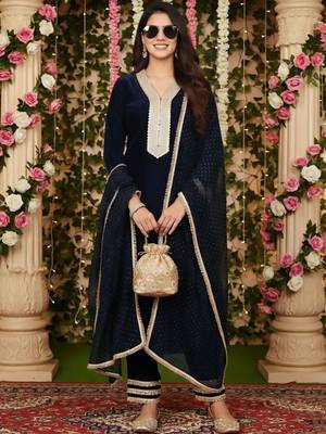 Women Regular Sequinned Velvet Kurta with Trousers & With Dupatta 1