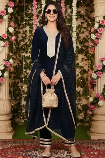 Women Regular Sequinned Velvet Kurta with Trousers & With Dupatta