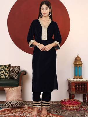 Women Regular Sequinned Velvet Kurta with Trousers & With Dupatta 2