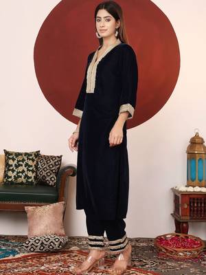 Women Regular Sequinned Velvet Kurta with Trousers & With Dupatta 3