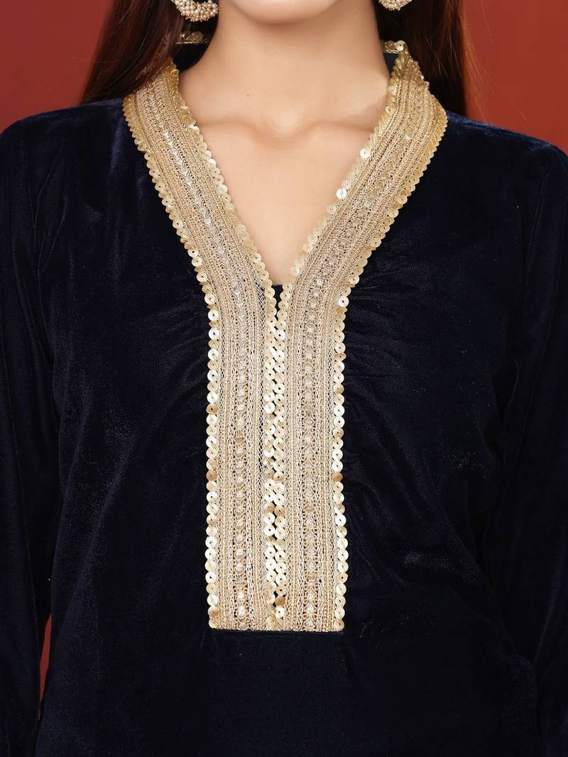 Women Regular Sequinned Velvet Kurta with Trousers & With Dupatta