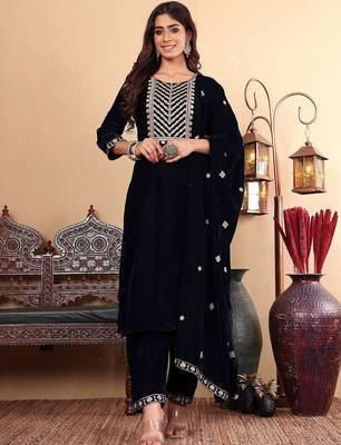 Women Ethnic Motifs Embroidered Regular Thread Work Velvet Kurta with Trousers & With Dupatta 1