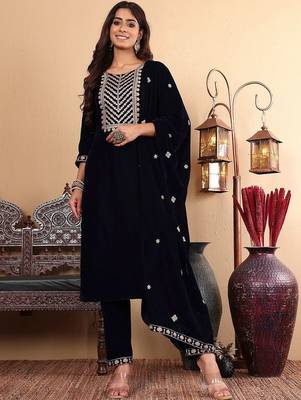 Women Ethnic Motifs Embroidered Regular Thread Work Velvet Kurta with Trousers & With Dupatta 2