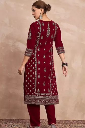 Women Ethnic Motifs Embroidered Regular Thread Work Velvet Kurta with Trousers
