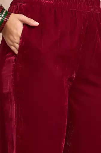 Women Ethnic Motifs Embroidered Regular Thread Work Velvet Kurta with Trousers