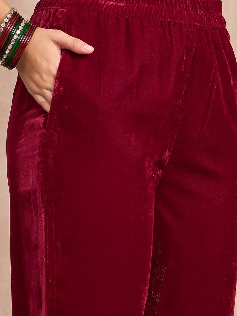 Women Ethnic Motifs Embroidered Regular Thread Work Velvet Kurta with Trousers
