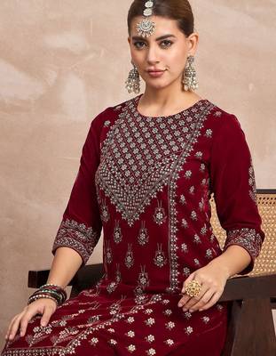 Women Ethnic Motifs Embroidered Regular Thread Work Velvet Kurta with Trousers 7