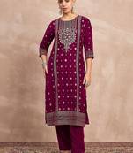 Women Ethnic Motifs Embroidered Regular Thread Work Velvet Kurta with Trousers