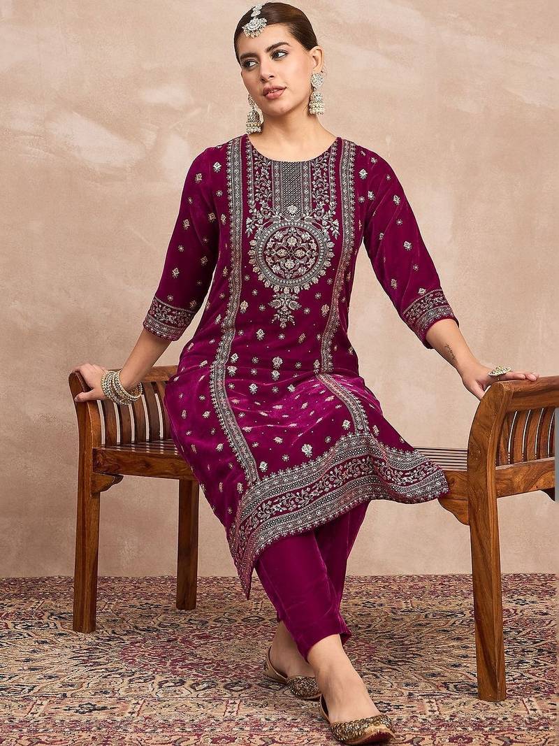 Women Ethnic Motifs Embroidered Regular Thread Work Velvet Kurta with Trousers