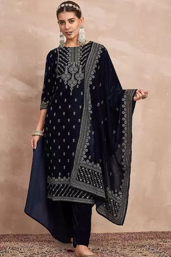 Women Ethnic Motifs Embroidered Regular Thread Work Velvet Kurta with Trousers & With Dupatta