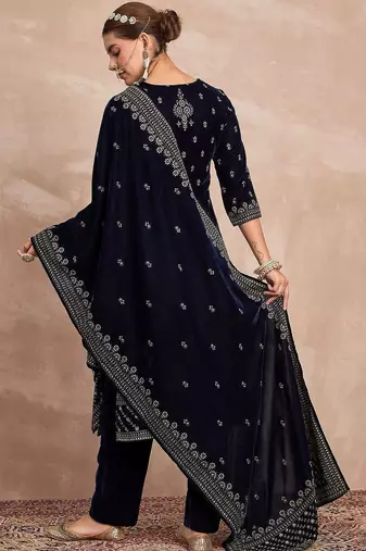 Women Ethnic Motifs Embroidered Regular Thread Work Velvet Kurta with Trousers & With Dupatta