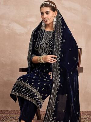 Women Ethnic Motifs Embroidered Regular Thread Work Velvet Kurta with Trousers & With Dupatta 6