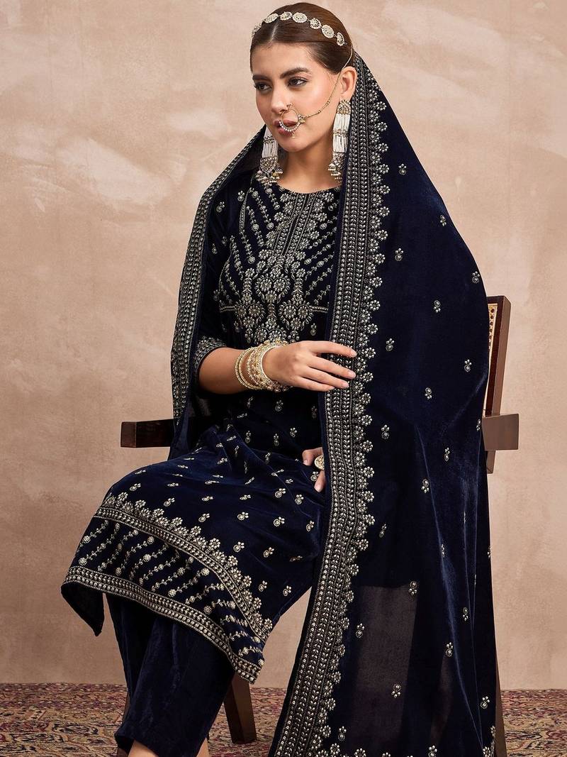 Women Ethnic Motifs Embroidered Regular Thread Work Velvet Kurta with Trousers & With Dupatta
