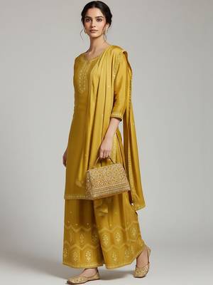Women Ethnic Motifs Embroidered Regular Thread Work Silk Crepe Kurta with Palazzos & With Dupatta 1