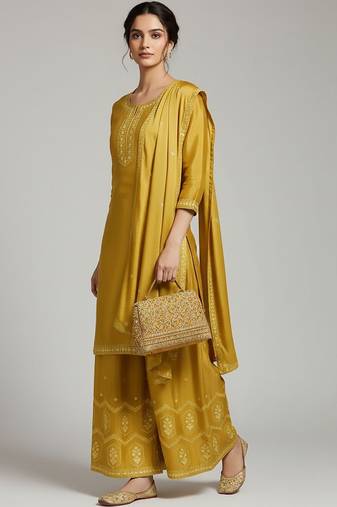 Women Ethnic Motifs Embroidered Regular Thread Work Silk Crepe Kurta with Palazzos & With Dupatta