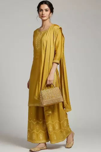 Women Ethnic Motifs Embroidered Regular Thread Work Silk Crepe Kurta with Palazzos & With Dupatta