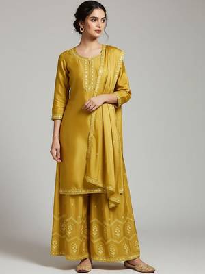 Women Ethnic Motifs Embroidered Regular Thread Work Silk Crepe Kurta with Palazzos & With Dupatta 2