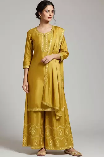 Women Ethnic Motifs Embroidered Regular Thread Work Silk Crepe Kurta with Palazzos & With Dupatta