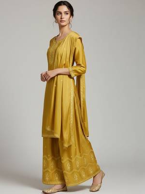 Women Ethnic Motifs Embroidered Regular Thread Work Silk Crepe Kurta with Palazzos & With Dupatta 3