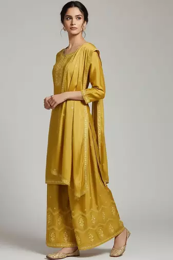 Women Ethnic Motifs Embroidered Regular Thread Work Silk Crepe Kurta with Palazzos & With Dupatta