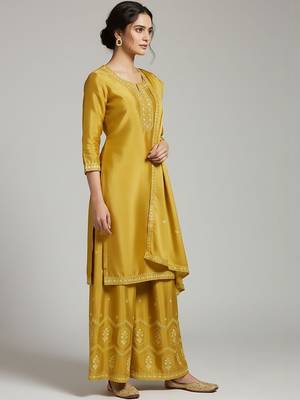 Women Ethnic Motifs Embroidered Regular Thread Work Silk Crepe Kurta with Palazzos & With Dupatta 4