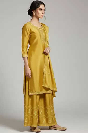Women Ethnic Motifs Embroidered Regular Thread Work Silk Crepe Kurta with Palazzos & With Dupatta