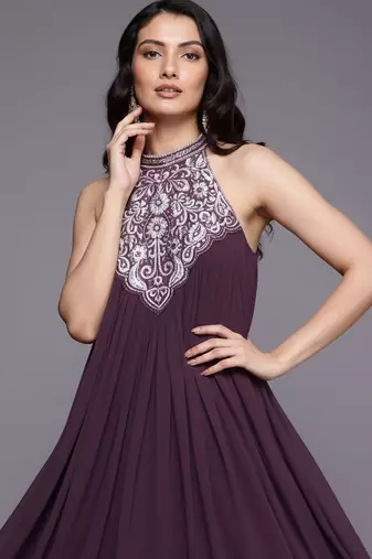 Women Ethnic Motifs Embroidered Regular Thread Work Silk Georgette Kurta with Trousers